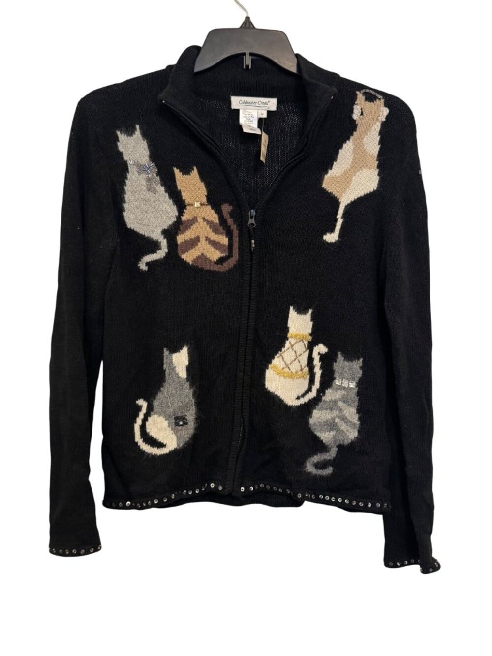 vintage Coldwater Creek Black Zip Cardigan With Cat Embellishments Size M NWT